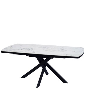 table repas ELVIRA plateau céramique jade blanche luxe 6 8 personnes pied design sculptural extensible ouverte vue 3/4
