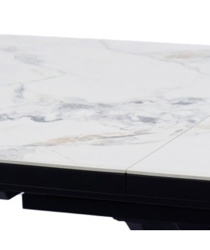 table repas ELVIRA détail plateau céramique jade blanche luxe 6 8 personnes pied design sculptural extensible rallonges