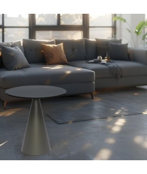 Coin canapé YOKO petit modele plateau céramique acier corten pied conique design sculptural dans salon