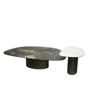 coin canapé table basse ROXY pied cylindrique bronze plateau céramique marbre organique minimaliste