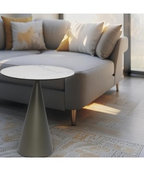 Coin canapé YOKO grand modèle plateau céramique marbré blanc pied conique design sculptural dans salon