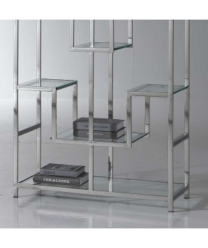 Étagère ATLAS DOUBLE détail structure inox plateau verre design géométrique asymétrique