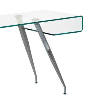 bureau BANKS plateau verre courbé détail pied chromé minimaliste futuriste
