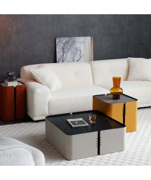 gamme table basse coin canapé ARCACHON plateau céramique marbre noir habillage simili cuir gris moutarde