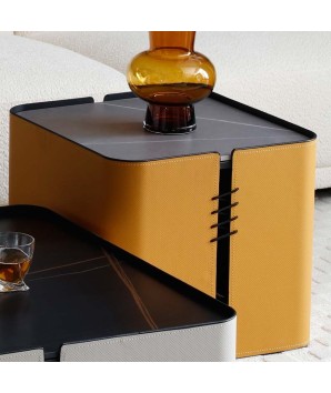 table basse ARCACHON plateau céramique noir habillage simili cuir curry