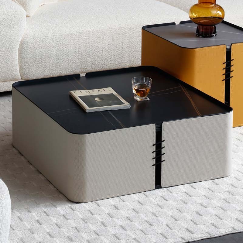 Table basse arcachon grand modele cubique simili cuir gris plateau ceramique jade