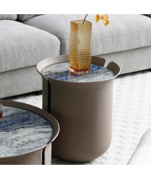 coin canapé BASTIA ronde forme de pot simili cuir gris plateau céramique gris