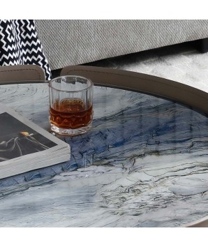 table basse BASTIA ronde forme de pot simili cuir taupe détail plateau céramique gris