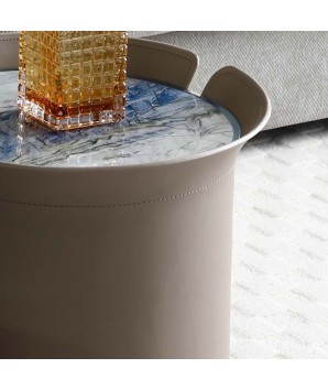 coin canapé BASTIA ronde détail forme de pot simili cuir taupe détail plateau céramique gris