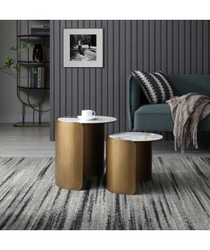 lot 2 coins canapés ARIANNE plateau marbre blanc pied cylindrique bronze design luxe moderne
