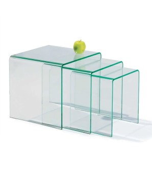 Tables gigognes ECO vendue par trois verre courbe incolore avec étagère design minimaliste
