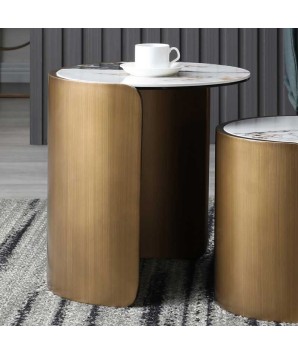 coins canapé ARIANNE plateau marbre blanc pied cylindrique bronze design luxe moderne grand modèle