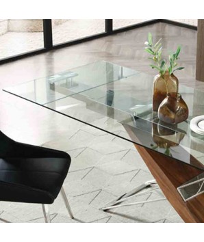 table repas FELICIA Noyer Inox Design fusion bois verre rallonge