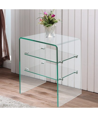 Table de chevet ECO verre courbé incolore avec étagère design minimaliste