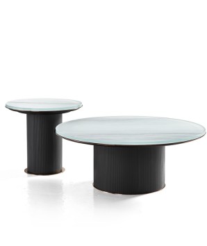 gamme Table basse contemporaine coin canapé ARENA plateau verre rond extra blanc pied pierre jad