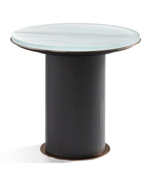 Coin canapé ARENA plateau verre marbre pied cylindrique design minimalisme sculptural