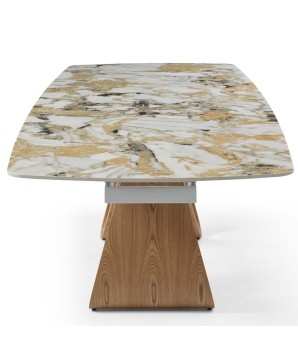 table repas WENDY design modernisme organique pied w noyer plateau céramique golden stone vue face