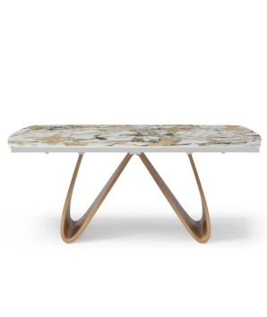 table repas WENDY design modernisme organique 6 personnes fermée pied w noyer plateau céramique golden stone
