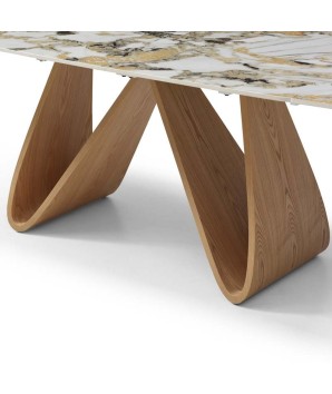 table repas WENDY design modernisme organique 12 personnes a rallonge détail pied w noyer plateau céramique golden stone