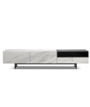 meuble TV ANGLET tiroirs plateau verre marbre pied métal design industriel vue face