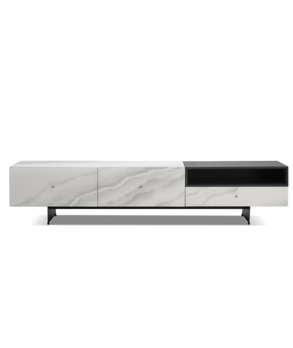 meuble TV ANGLET tiroirs plateau verre marbre pied métal design industriel vue face