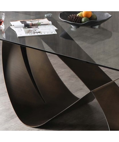 Table repas LEANA pied papillon plateau verre 10 personnes