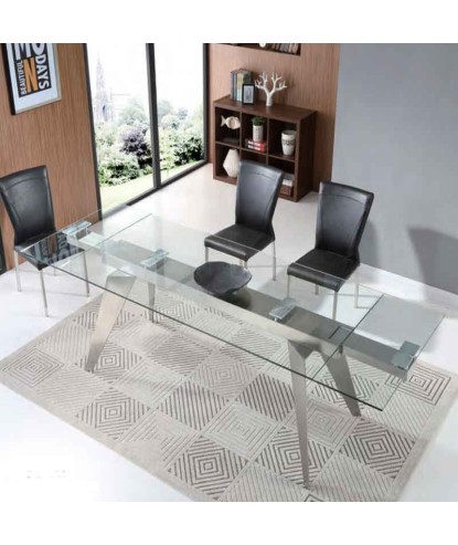 Table repas ANDREA 2m inox et verre pour 14 personnes