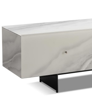 meuble TV ANGLET détail tiroirs plateau verre marbre pied métal design industriel