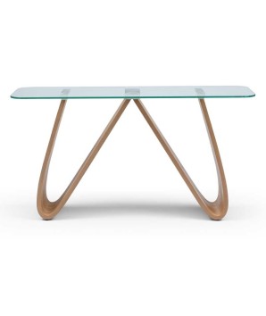 console WENDY design modernisme organique pied hêtre plateau verre profil