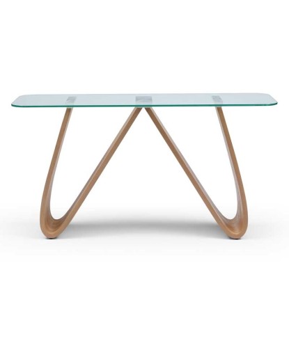 console WENDY design modernisme organique pied hêtre plateau verre profil
