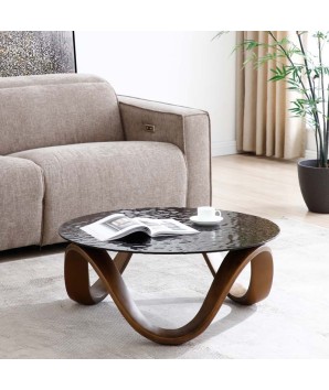table basse  ronde VANCOUVER design sculptural organique bois sinusoïdal plateau verre martelé
