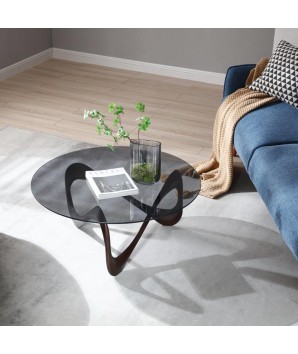 table basse ronde ONTARIO verre bois courbe sinusoïdal salon vue dessus pied noyer plateau verre noir fume