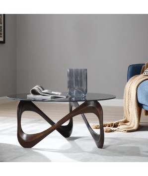 table basse ronde ONTARIO bois courbe sinusoïdal salon pied noyer volute plateau verre noir fume