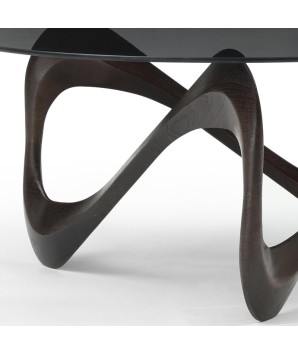 table basse ronde ONTARIO plateau verre noir fume pied bois courbe sinusoïdal