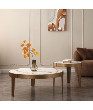 Table basse ronde MAELYS Bronze Design glamour subtil dorée plateau céramique arabesco