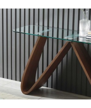 console WENDY design modernisme organique détail pieds noyers plateau verre