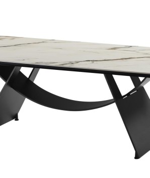 table basse jeanne Design sculptural plateau céramique Arabescato détail pied métal design