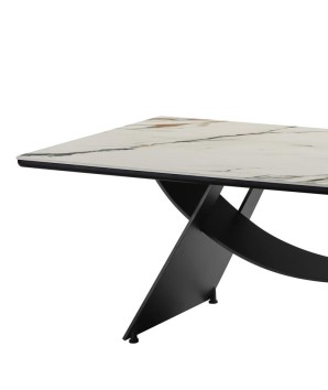 table basse jeanne Design sculptural détail plateau céramique Arabescato pied métal design