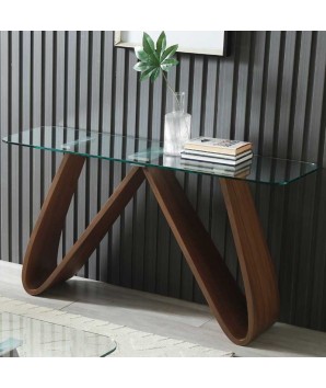 console WENDY design modernisme organique pieds noyers plateau verre