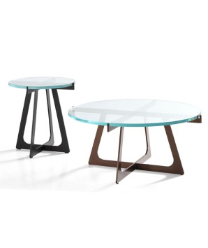 gamme table basse coin canapé VOGUE rond industriel minimaliste pied métal plateau verre