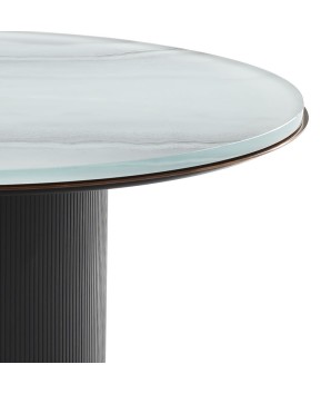 TABLE BASSE contemporaine ARENA détail plateau verre rond extra blanc pied pierre jade 1