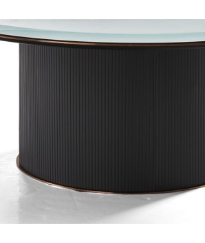 TABLE BASSE contemporaine ARENA plateau verre rond extra blanc détail pied circulaire pierre jade