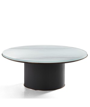 TABLE BASSE contemporaine ARENA plateau verre rond extra blanc pied circulaire pierre jade