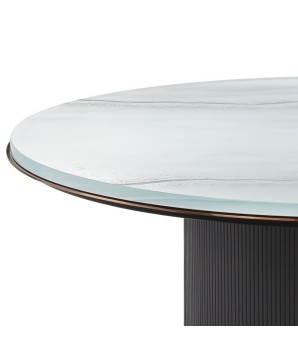 TABLE BASSE contemporaine ARENA détail plateau verre rond extra blanc pied pierre jade