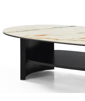 Table basse salon MONCEAU ovale détail plateau céramique golden stone