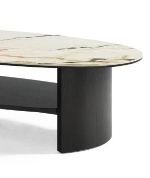 Table basse salon MONCEAU ovale plateau céramique golden stone détail structure