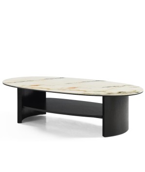 Table basse salon MONCEAU ovale plateau céramique golden stone vue 3 quart