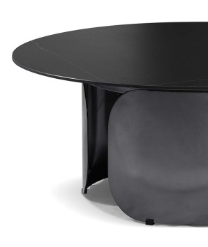 table basse MALDIVES plateau céramique jade noir or pied métal détail design sculptural