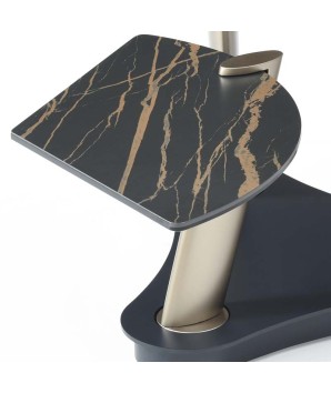 Table basse TULIPE 3 plateaux pivotant céramique noir détail pied acier champagne design  mid-century modern