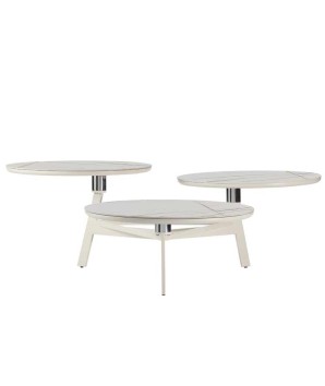 TABLE BASSE DISKO 3 plateaux pivotant JADE BLANCHE OR vue cote
